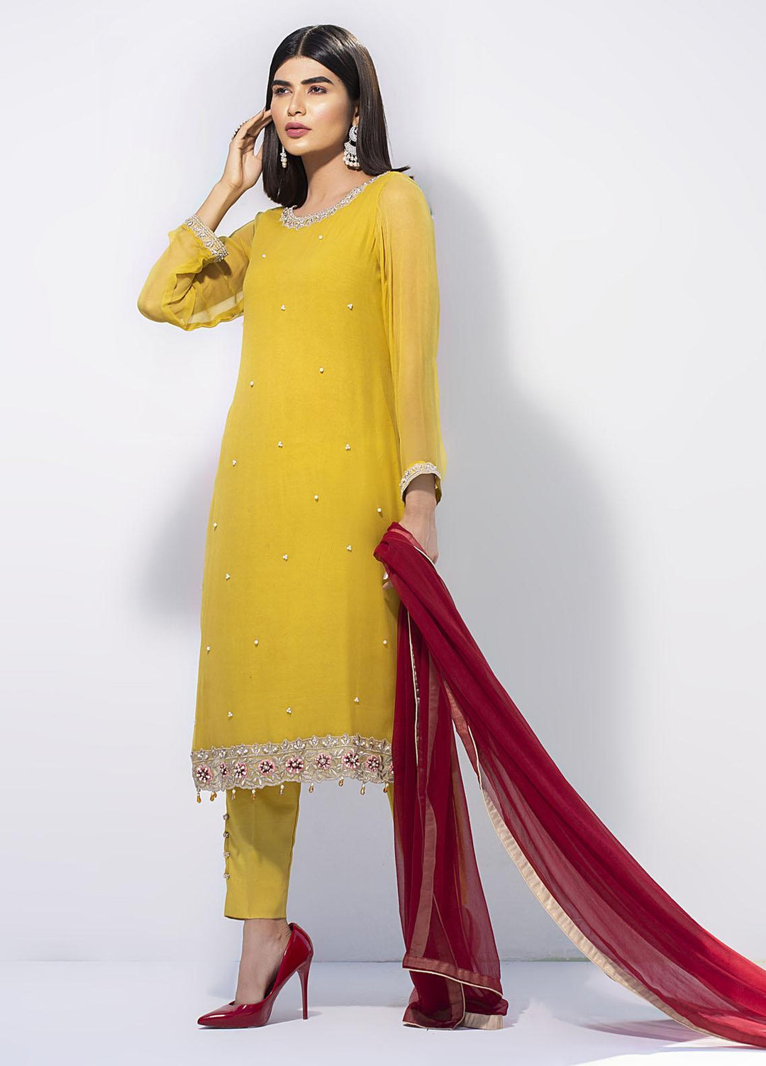 Aisha Fatema Luxury Pret Embroidered Chiffon 2 Piece Suit AESTHETIC YELLOW