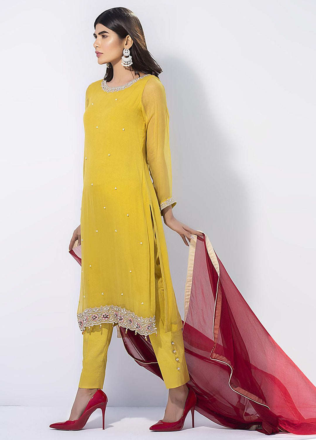 Aisha Fatema Luxury Pret Embroidered Chiffon 2 Piece Suit AESTHETIC YELLOW