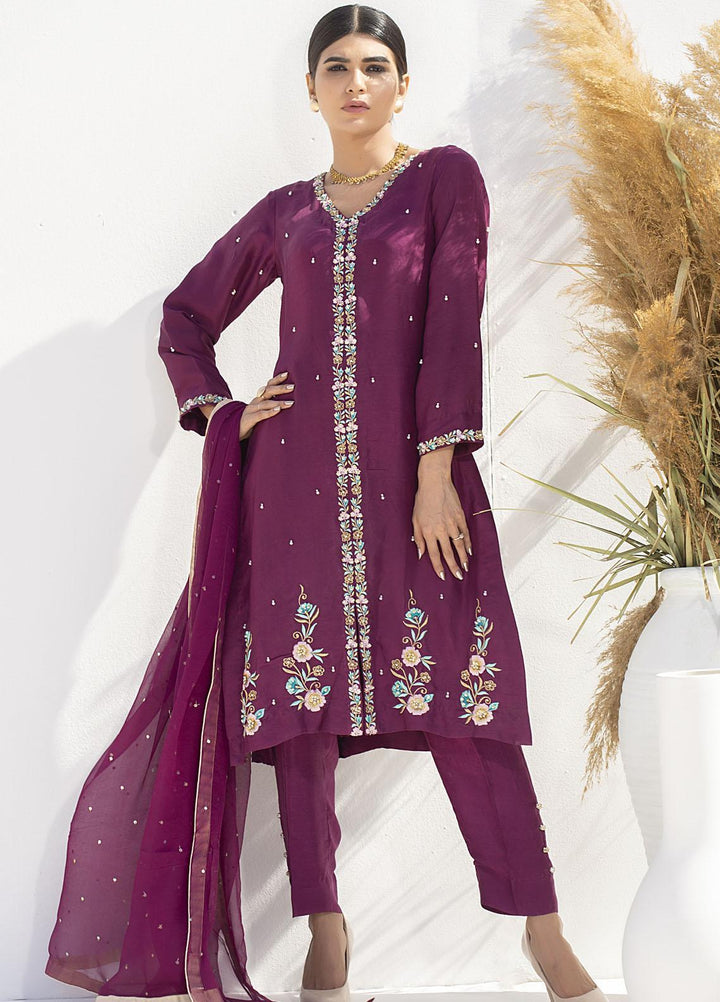 Aisha Fatema Luxury Pret Embroidered Raw Silk 2 Piece Suit ROYAL PLUM