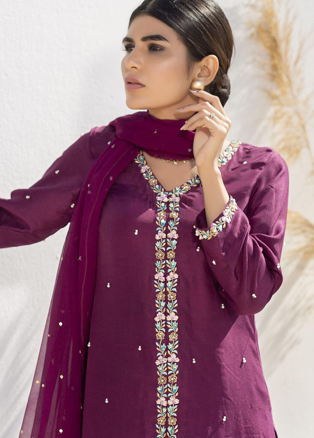 Aisha Fatema Luxury Pret Embroidered Raw Silk 2 Piece Suit ROYAL PLUM