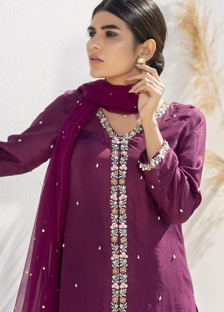 Aisha Fatema Luxury Pret Embroidered Raw Silk 2 Piece Suit ROYAL PLUM