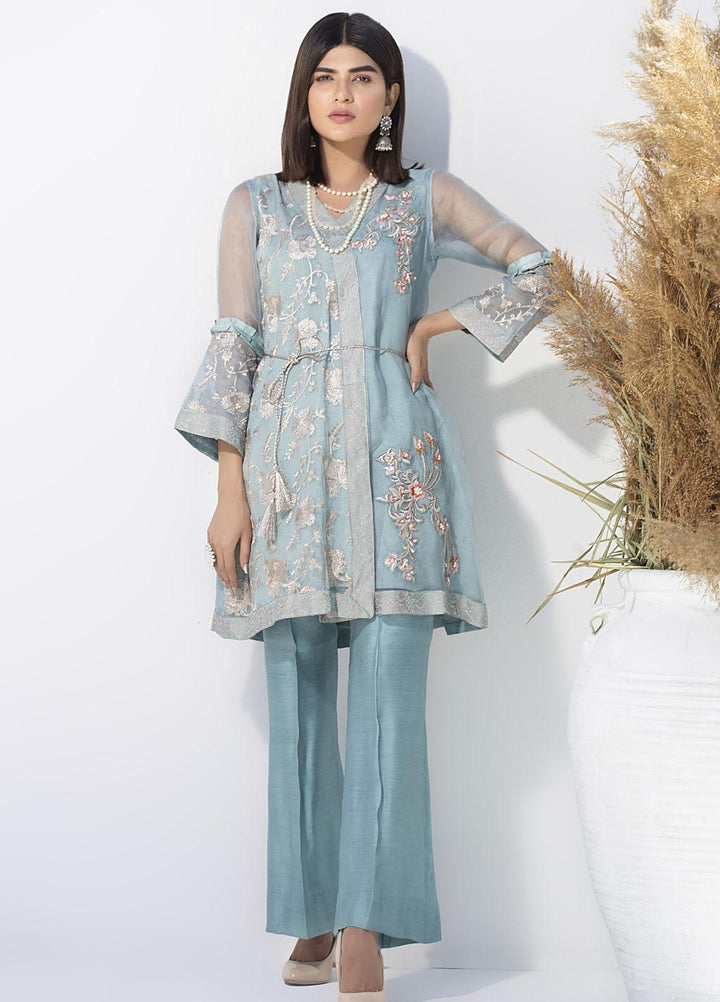 Aisha Fatema Luxury Pret Embroidered Organza 2 Piece Suit AQUA WRAP