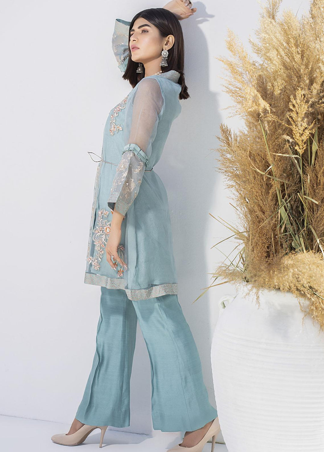Aisha Fatema Luxury Pret Embroidered Organza 2 Piece Suit AQUA WRAP