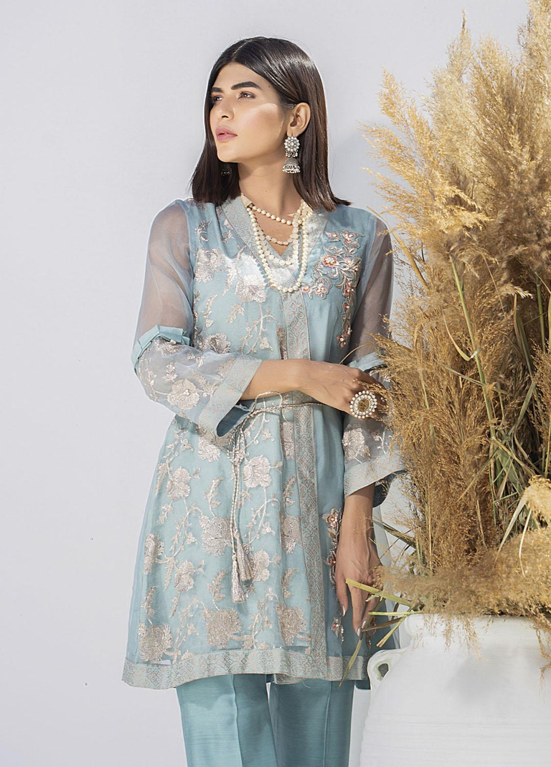 Aisha Fatema Luxury Pret Embroidered Organza 2 Piece Suit AQUA WRAP