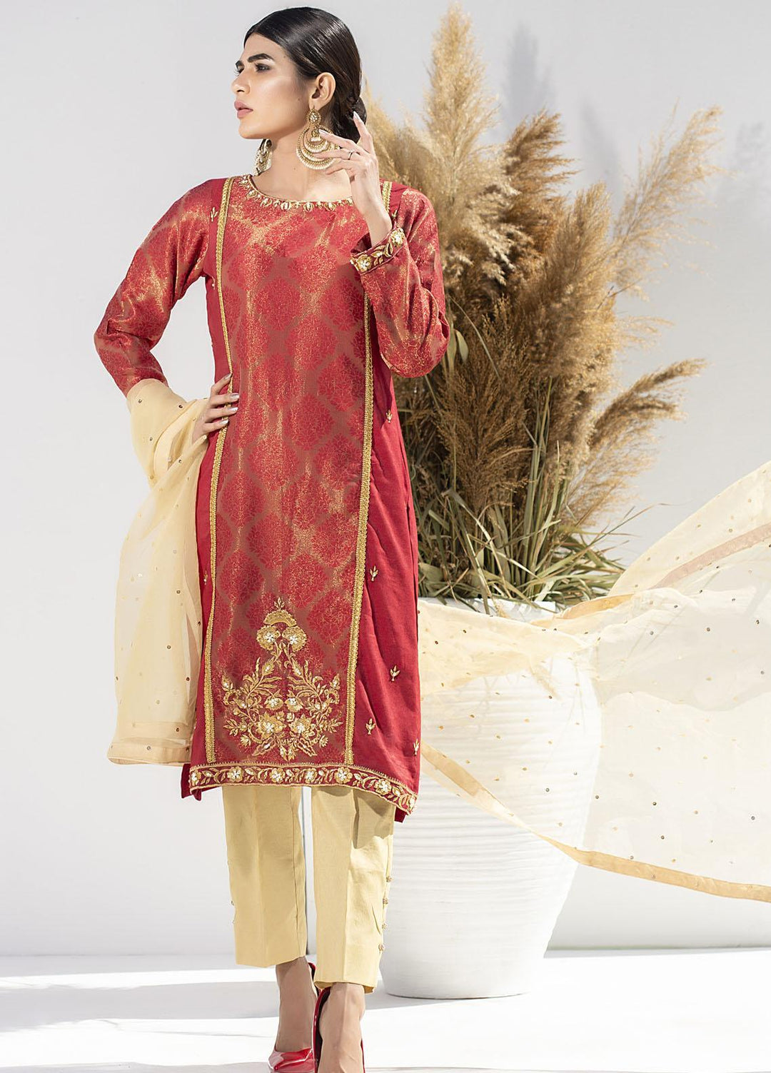 Aisha Fatema Luxury Pret Embroidered Khaadi Net 2 Piece Suit CARMINE GOLD