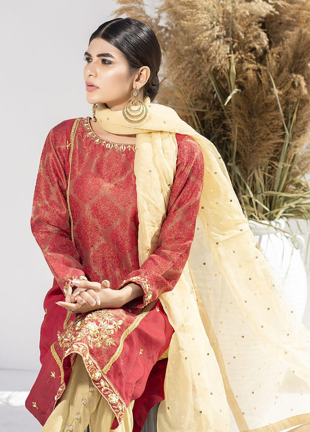 Aisha Fatema Luxury Pret Embroidered Khaadi Net 2 Piece Suit CARMINE GOLD