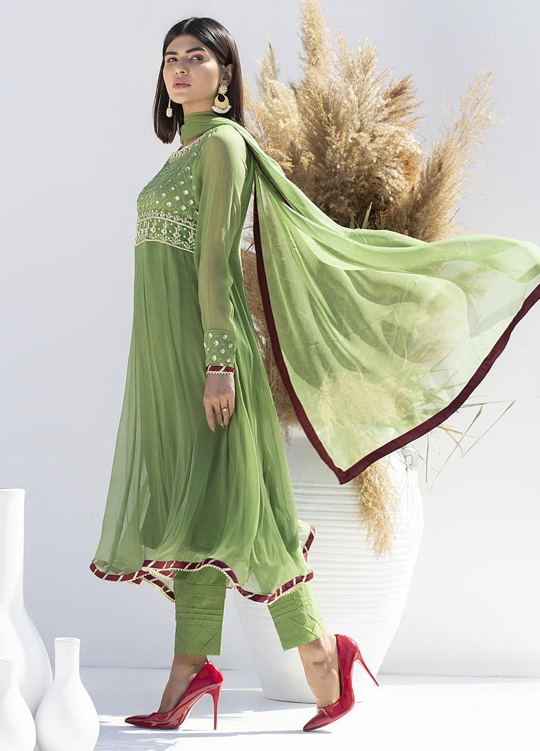 Aisha Fatema Luxury Pret Embroidered Chiffon 2 Piece Suit PEAR GREEN