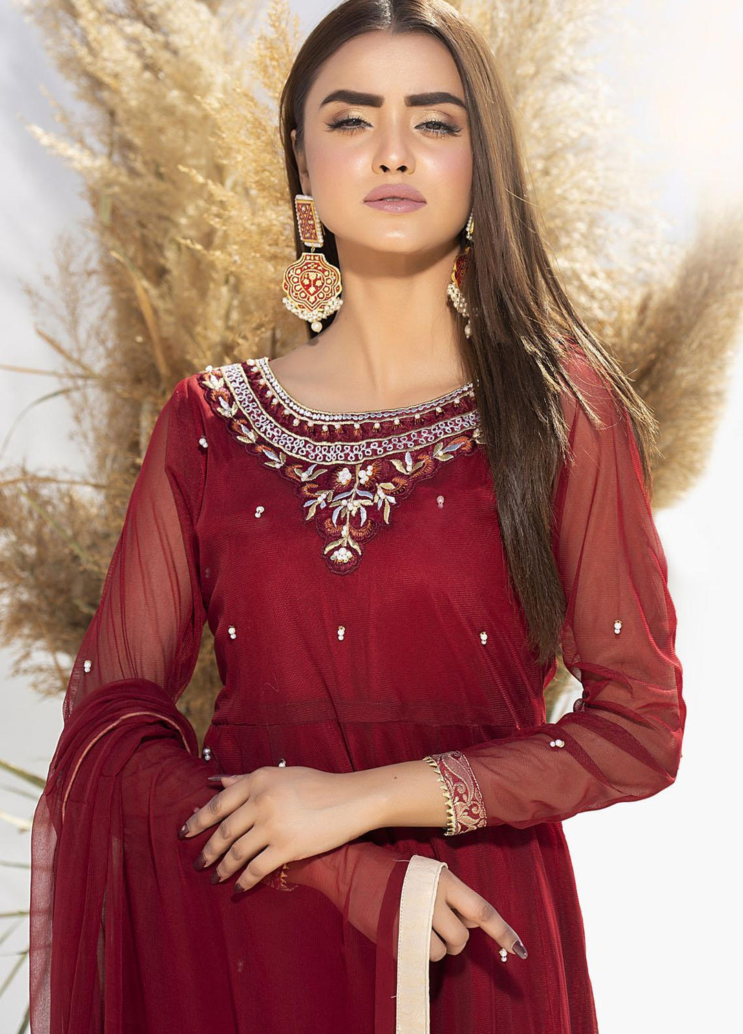 Aisha Fatema Luxury Pret Embroidered Net 2 Piece Suit CHERRY RED