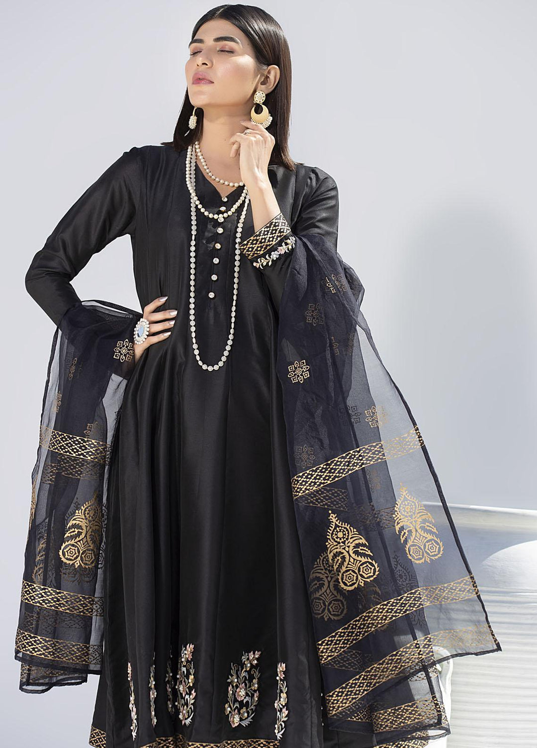 Aisha Fatema Luxury Pret Embroidered Silk 2 Piece Suit SLEEK BLACK