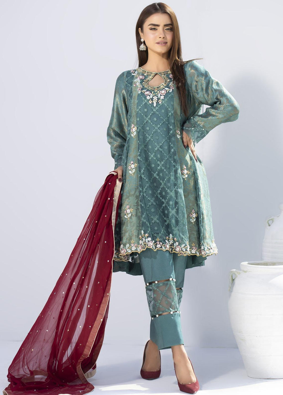 Aisha Fatema Luxury Pret Embroidered Organza 2 Piece Suit FOREST GREEN