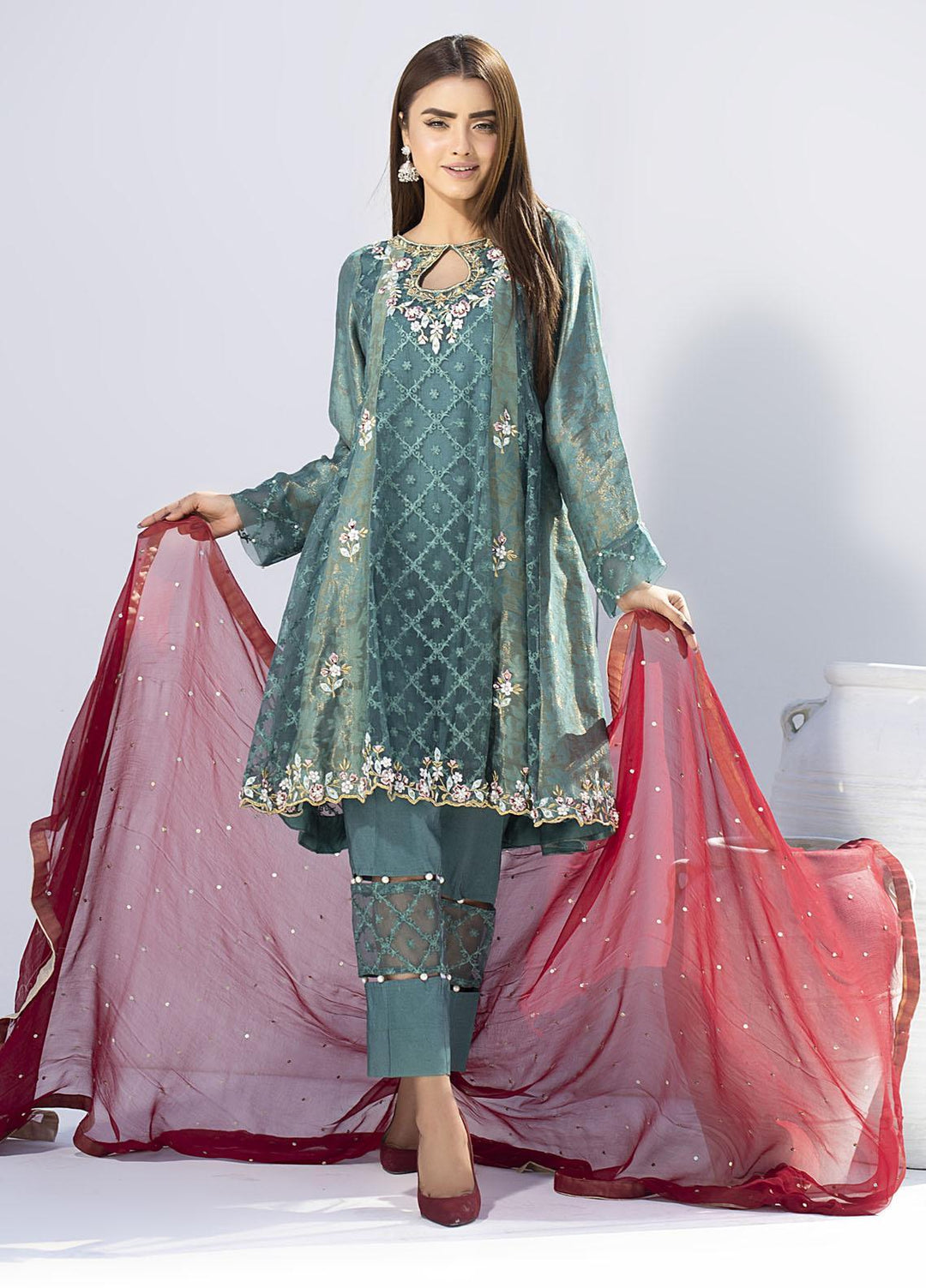 Aisha Fatema Luxury Pret Embroidered Organza 2 Piece Suit FOREST GREEN