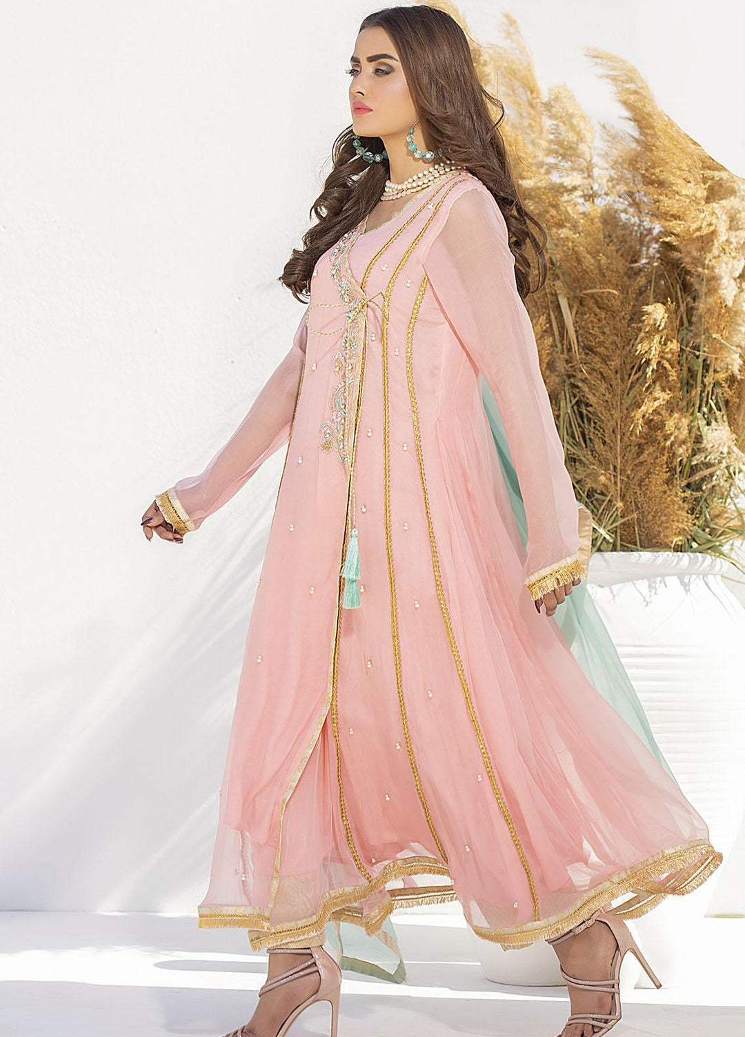 Aisha Fatema Luxury Pret Embroidered Chiffon 2 Piece Suit PALE ROSE ANGRAKHA