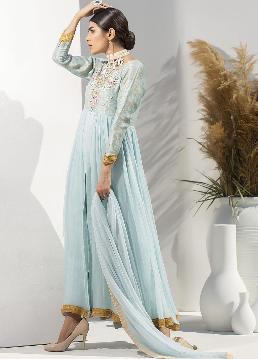 Aisha Fatema Luxury Pret Embroidered Chiffon 2 Piece Suit CELESTIAL BLUE LUXE