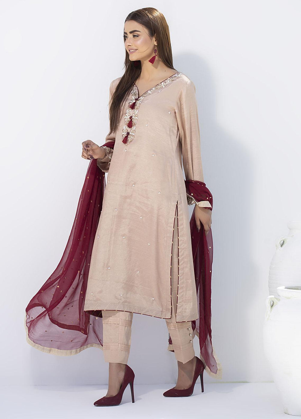 Aisha Fatema Luxury Pret Embroidered Raw Silk 2 Piece Suit FAWN ELEGANCE