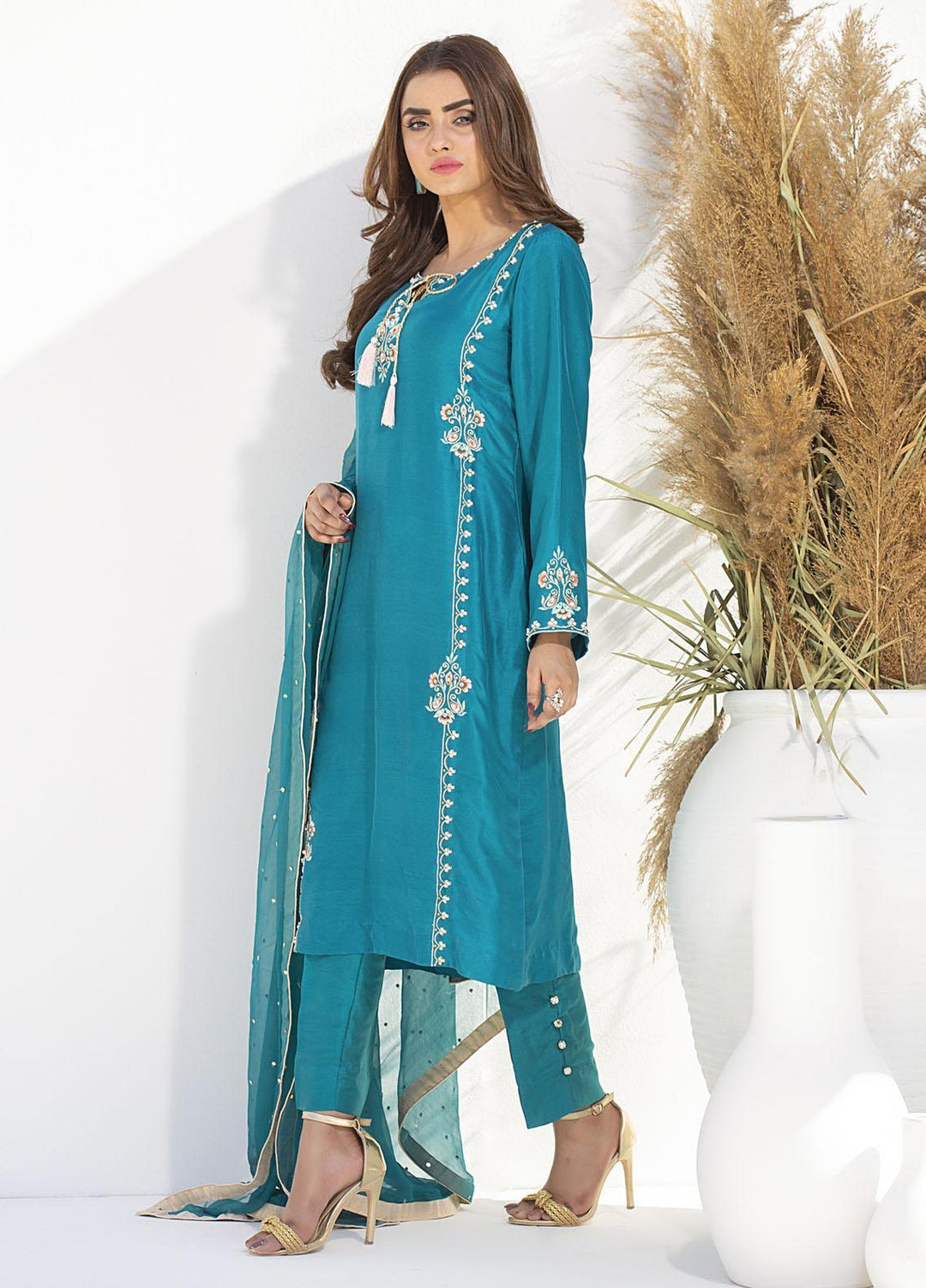 Aisha Fatema Luxury Pret Embroidered Raw Silk 2 Piece Suit ROYAL JADE