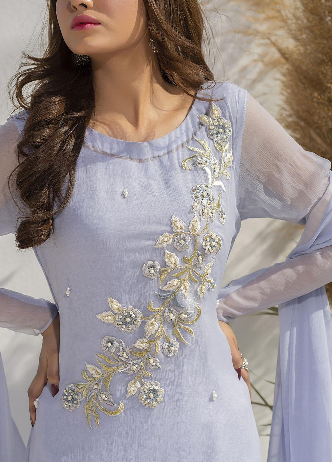 Aisha Fatema Luxury Pret Embroidered Chiffon 2 Piece Suit CLOUDY BLUE