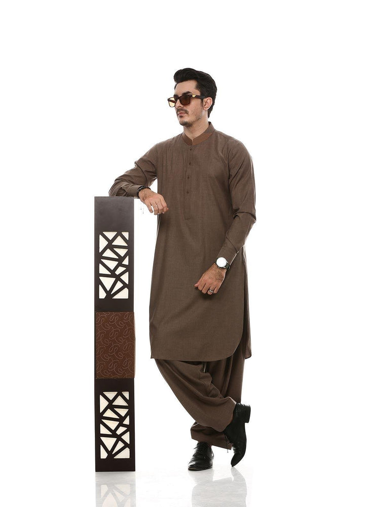 Aizaz Zafar Wash N Wear Formal Men Kameez Shalwar -  D-685 Brown