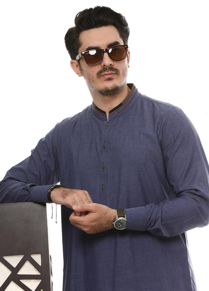 Aizaz Zafar Wash N Wear Formal Men Kameez Shalwar -  D-685 Blue