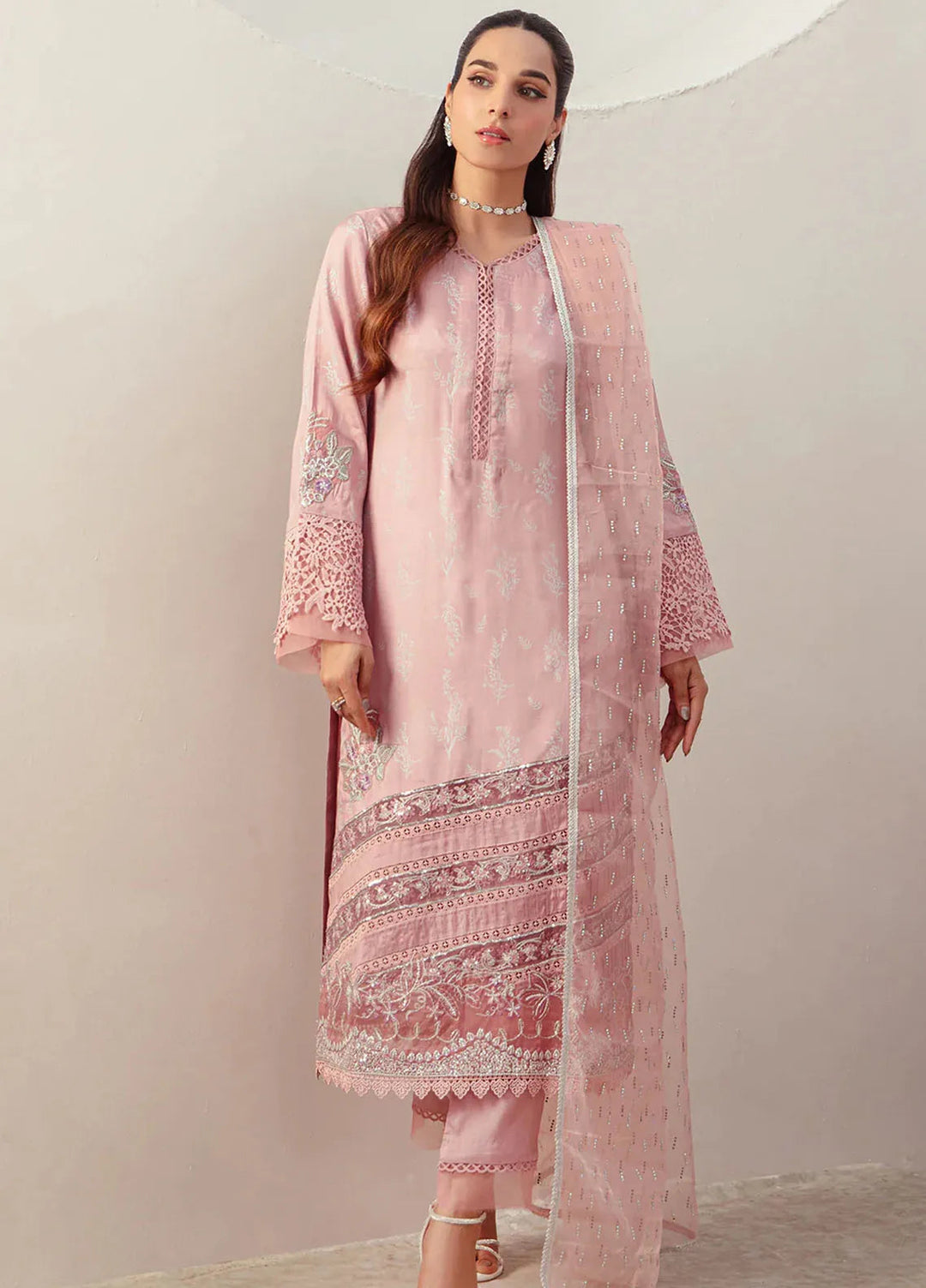Ajr Couture Pret Embroidered Raw Silk 3 Piece Suit Soft Petal