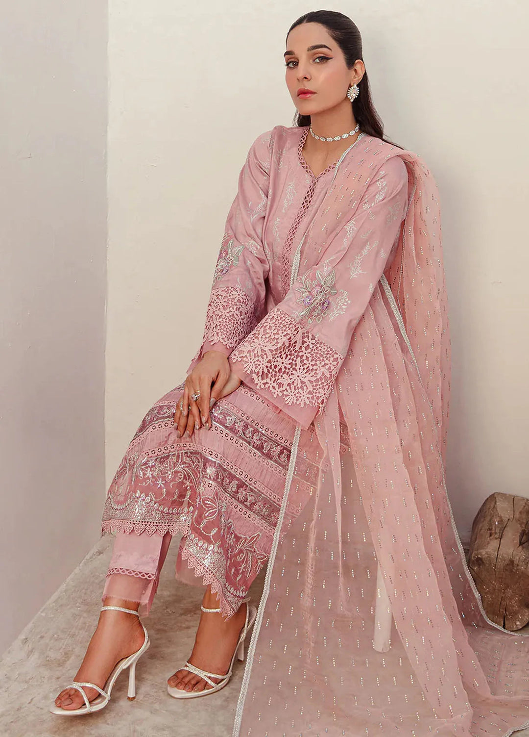 Ajr Couture Pret Embroidered Raw Silk 3 Piece Suit Soft Petal
