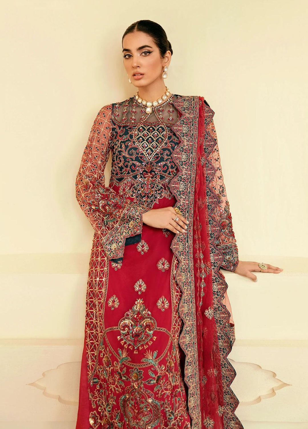 Akbar Aslam Embroidered Net Suits Unstitched 3 Piece AA22F CARDINAL - Luxury Formals Collection