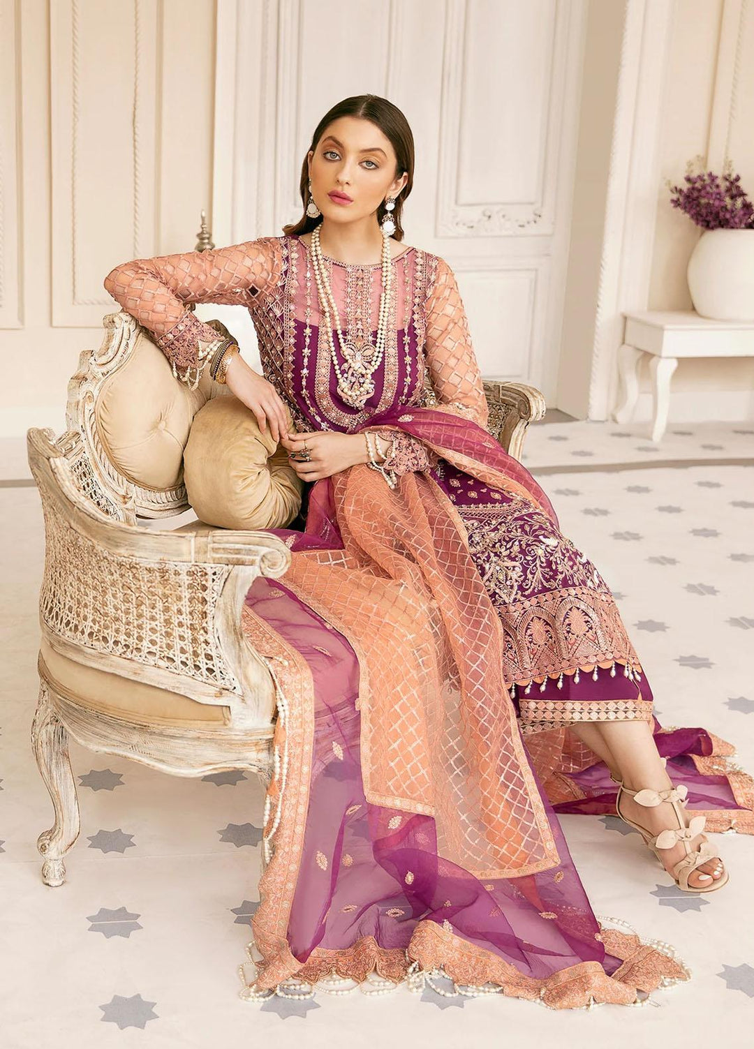 Akbar Aslam Embroidered Net Suits Unstitched 3 Piece AA22F CYPRUS - Luxury Formals Collection