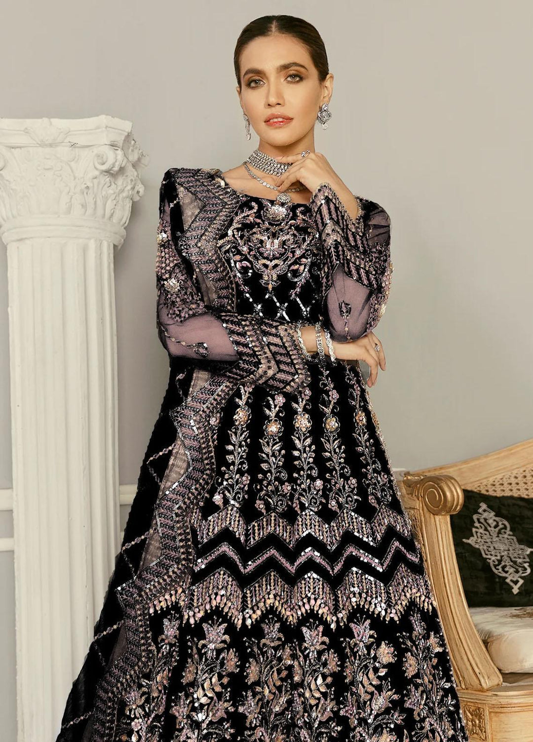 Libas e Khas By Akbar Aslam Embroidered Net Suits Unstitched 3 Piece  WISTERIA BLACK - Luxury Collection