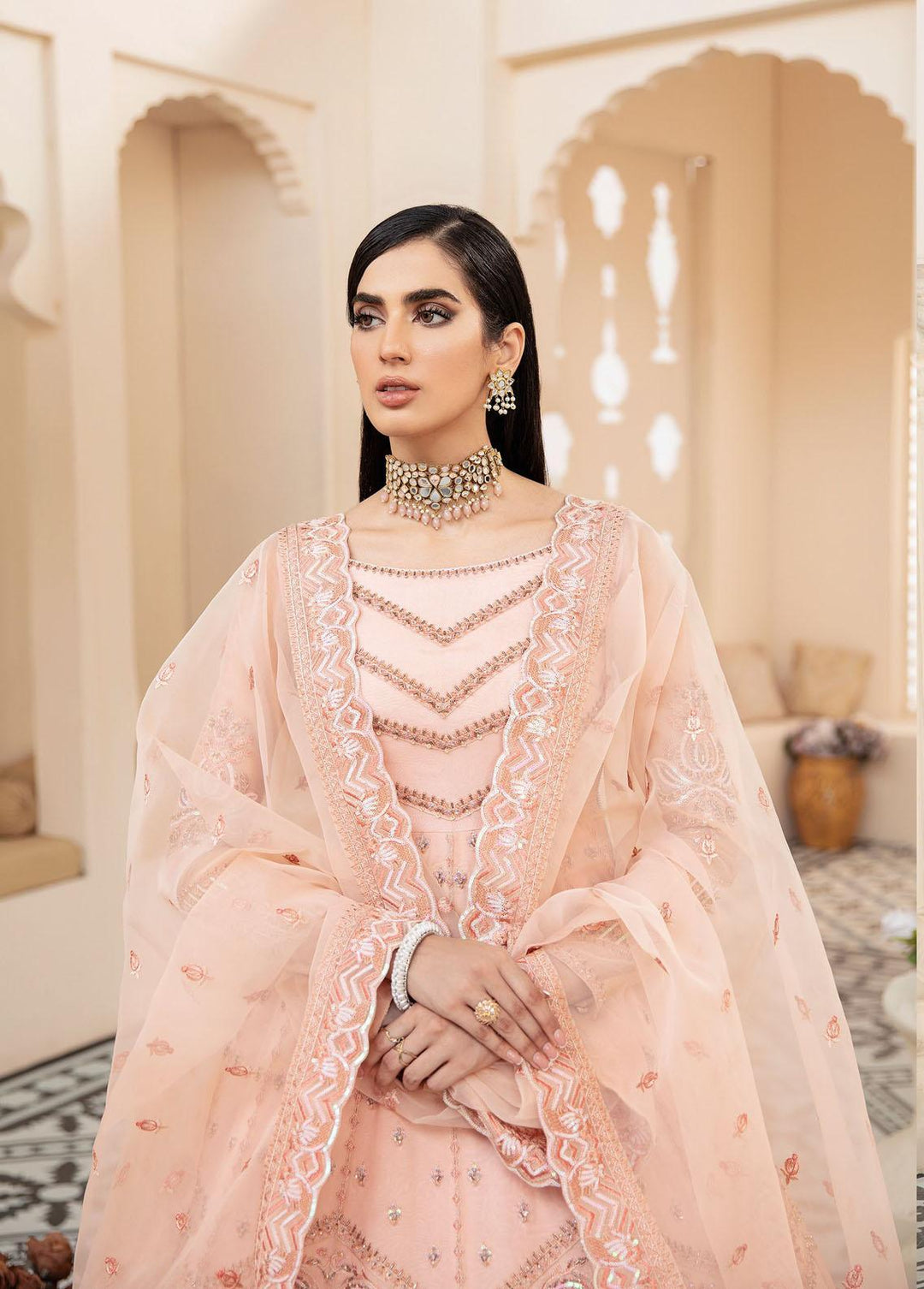 Akbar Aslam Embroidered Organza Suits Unstitched 3 Piece AA22WD AA-1442 Blush - Wedding Formal Collection