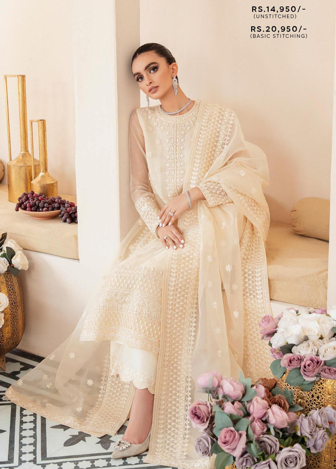 Akbar Aslam Embroidered Organza Suits Unstitched 3 Piece AA22WD AA-1446 White Ash - Wedding Formal Collection