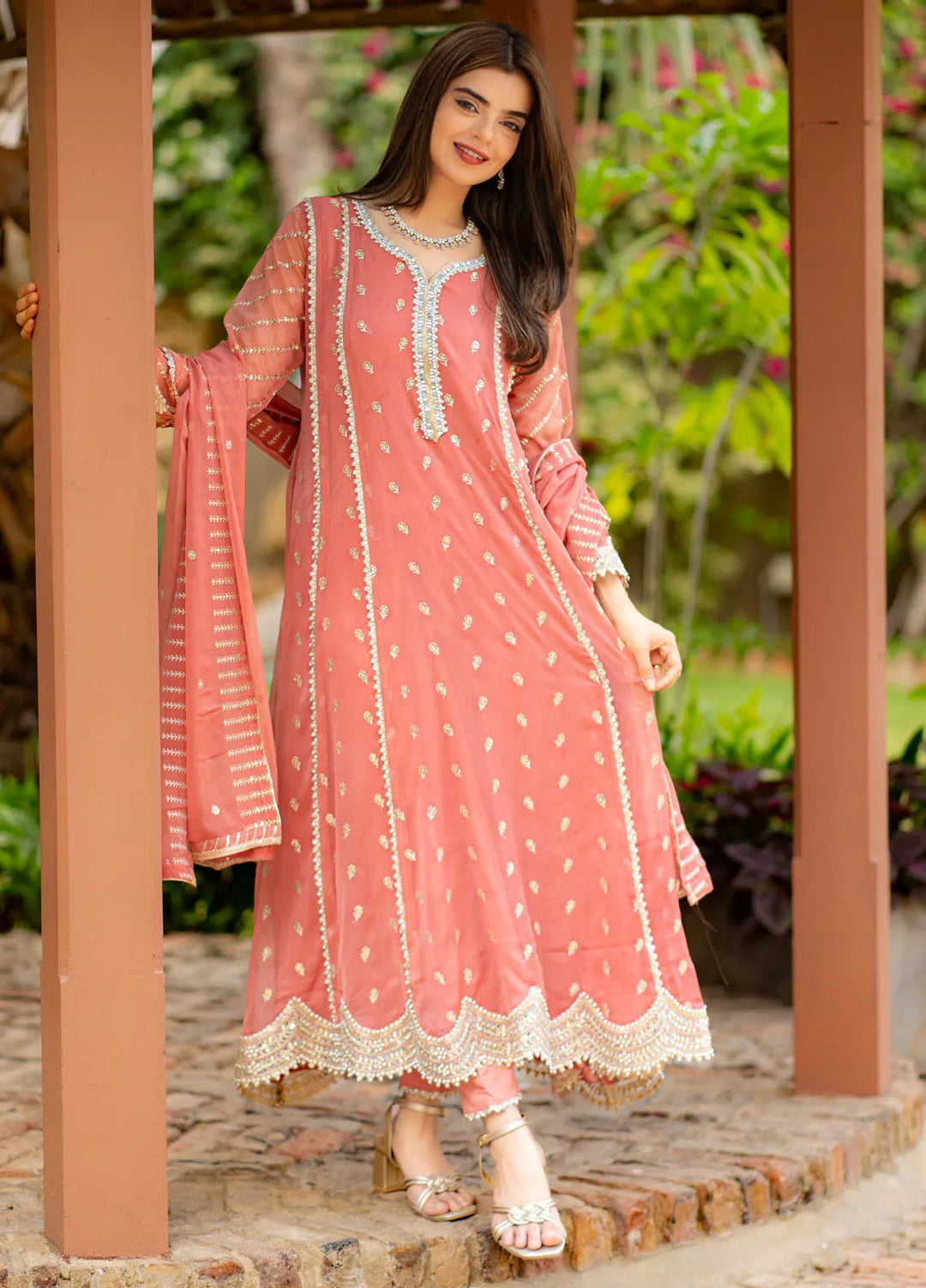 Al Harir Pret Embroidered Chiffon 3 Piece Suit Gulaal Peach