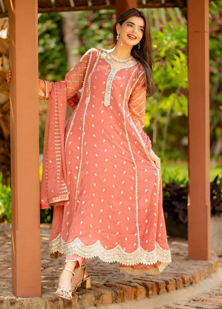 Al Harir Pret Embroidered Chiffon 3 Piece Suit Gulaal Peach
