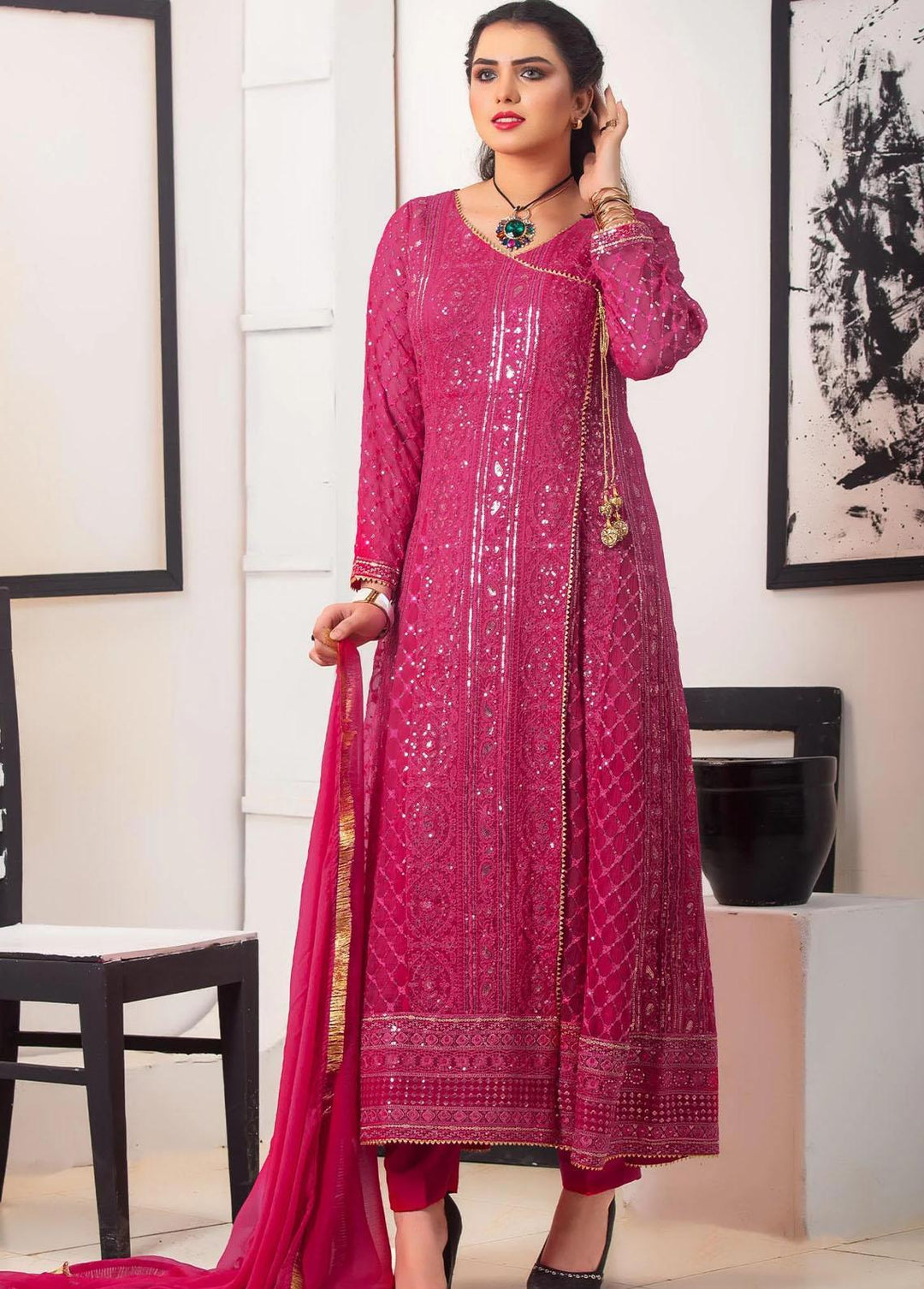 Al Harir Apparel Pret Eastern Chiffon 4 Piece Suit Gulnaz Shocking Pink