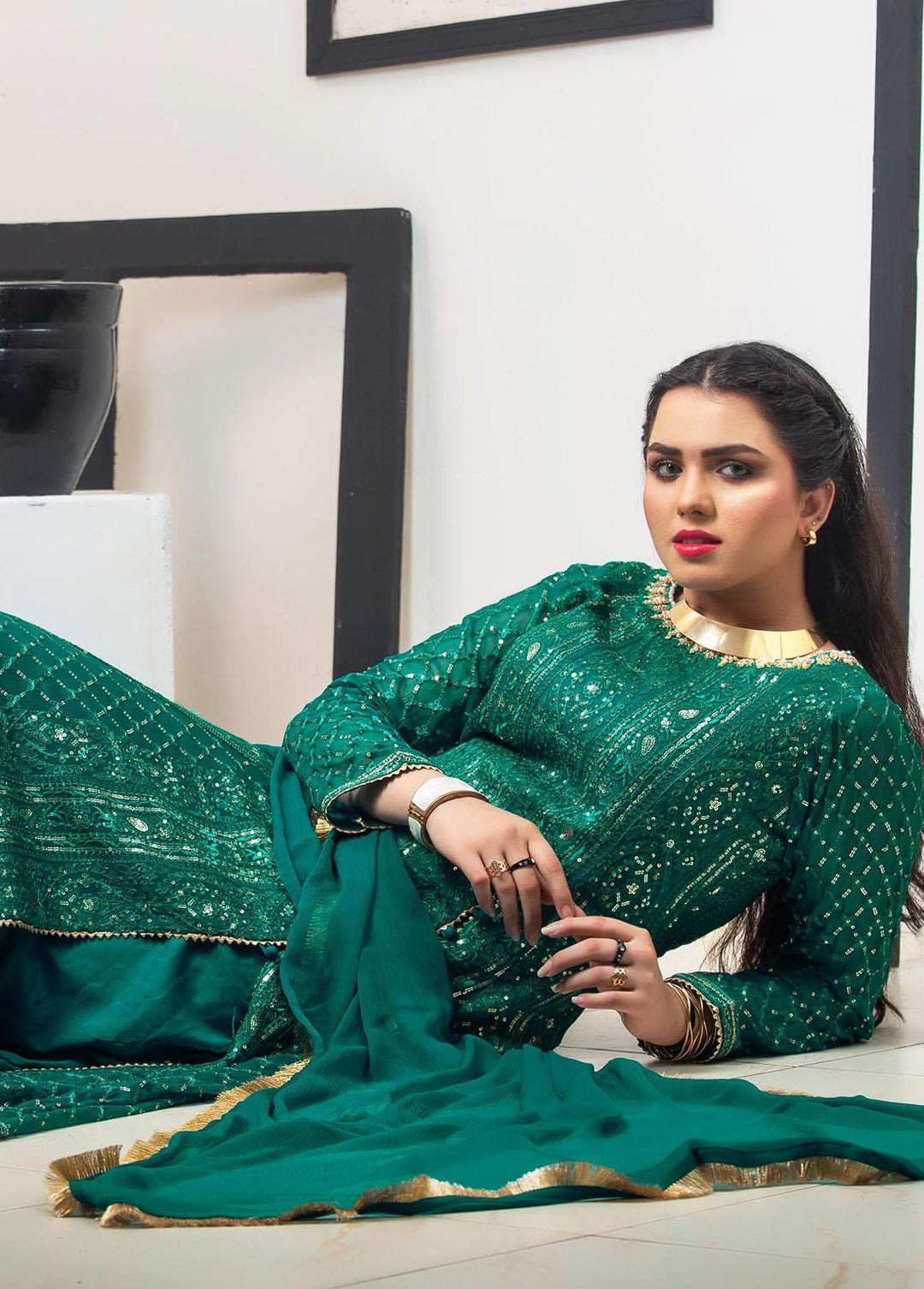 Al Harir Apparel Pret Eastern Chiffon 4 Piece Suit Gulzar Bottle Green