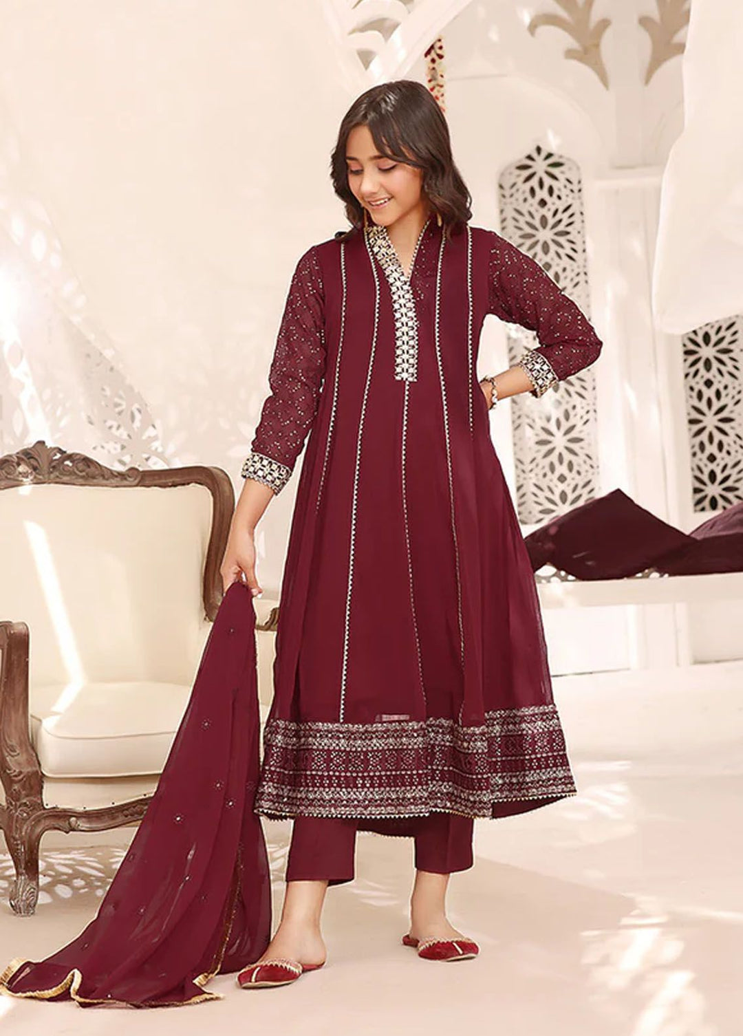 Al Harir Apparel Pret Embroidered Chiffon 3 Piece Suit Zarif Kids Maroon