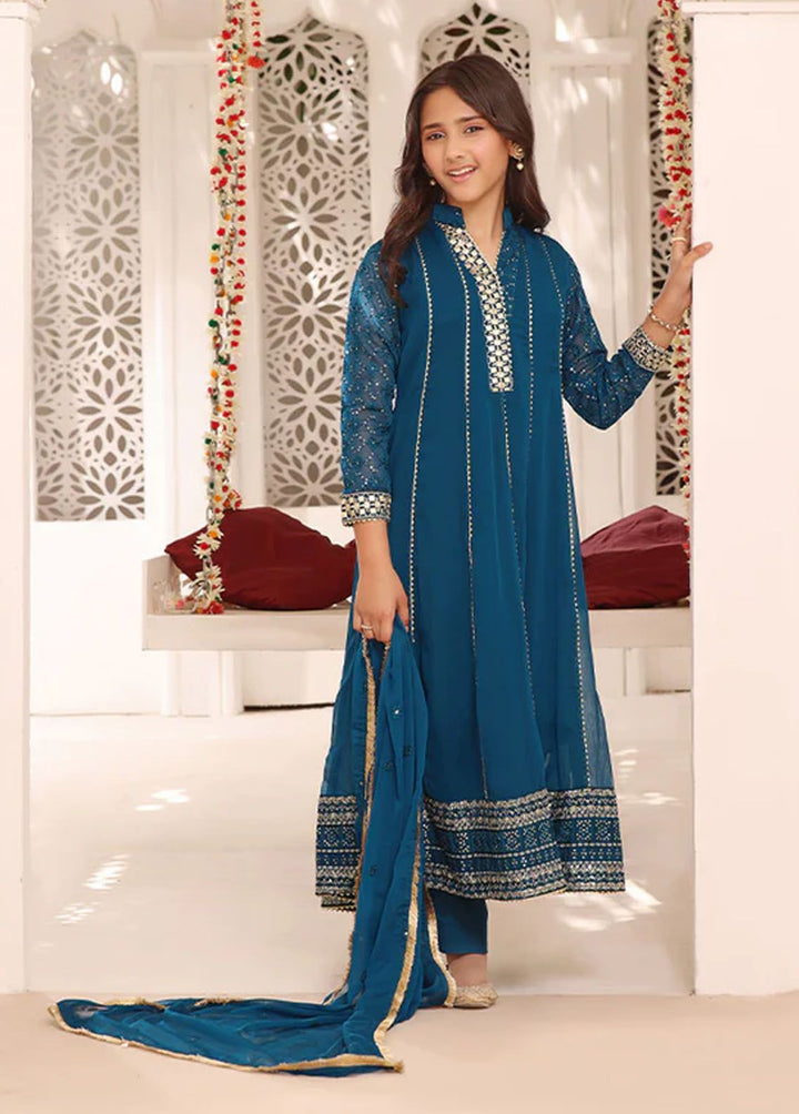 Al Harir Apparel Pret Embroidered Chiffon 3 Piece Suit Zarif Kids Peacock