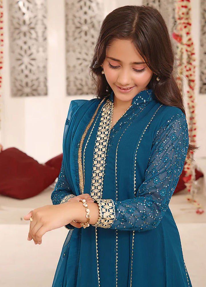 Al Harir Apparel Pret Embroidered Chiffon 3 Piece Suit Zarif Kids Peacock