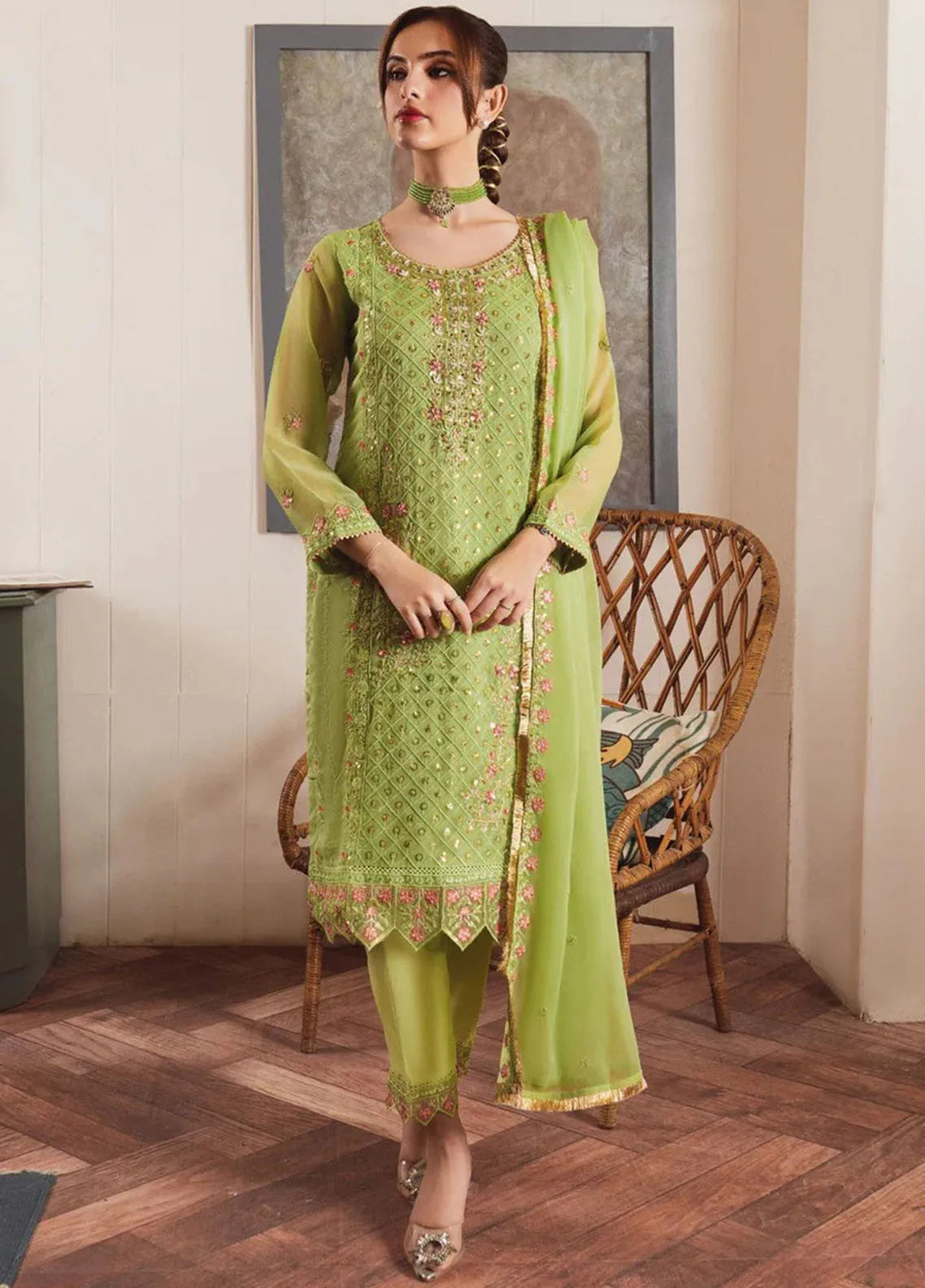 Al Harir Pret Embroidered Chiffon 3 Piece Suit Haani Angoori