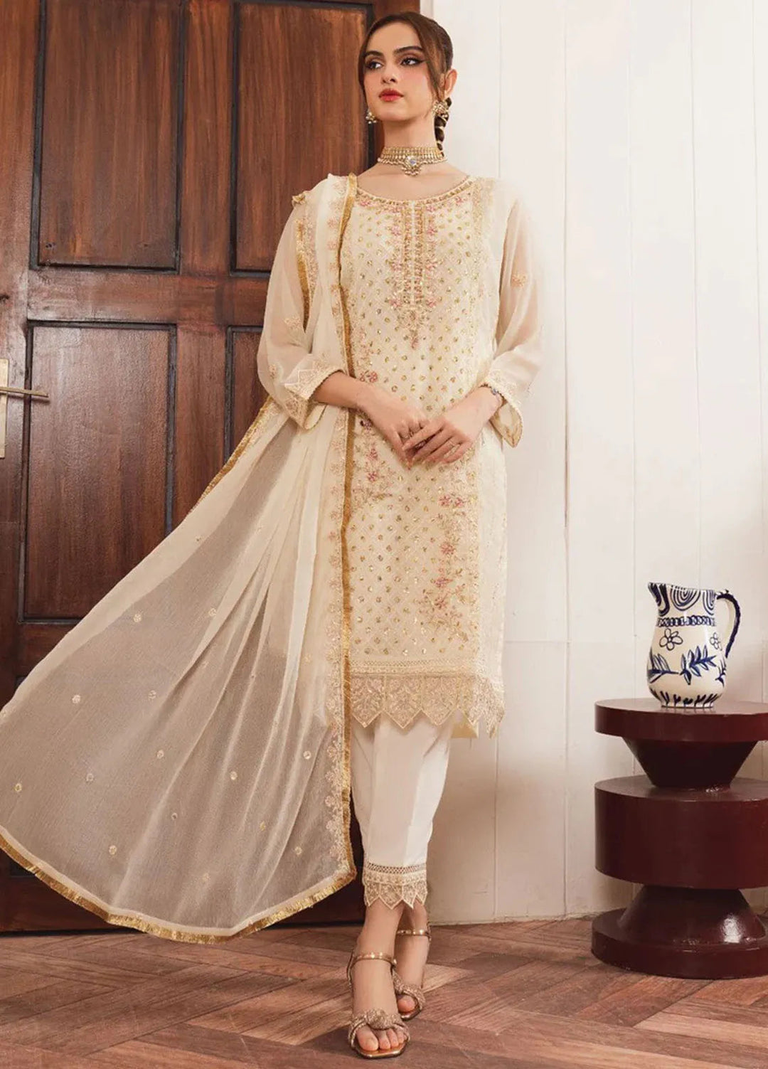 Al Harir Pret Embroidered Chiffon 3 Piece Suit Haani Off White