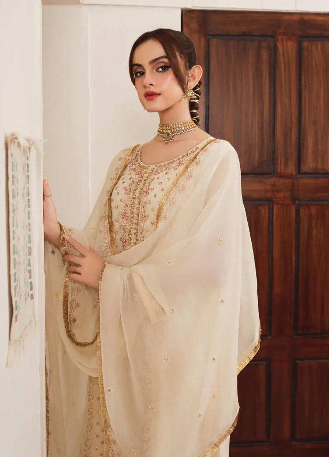 Al Harir Pret Embroidered Chiffon 3 Piece Suit Haani Off White