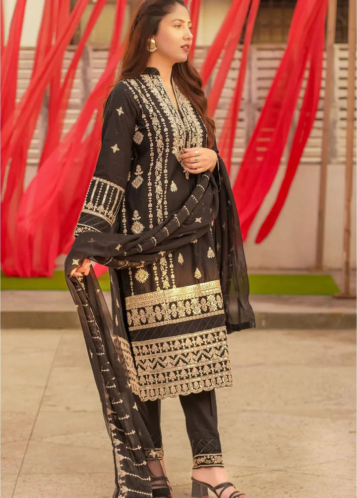 Al Harir Pret Embroidered Cotton 3 Piece Suit Royal Black