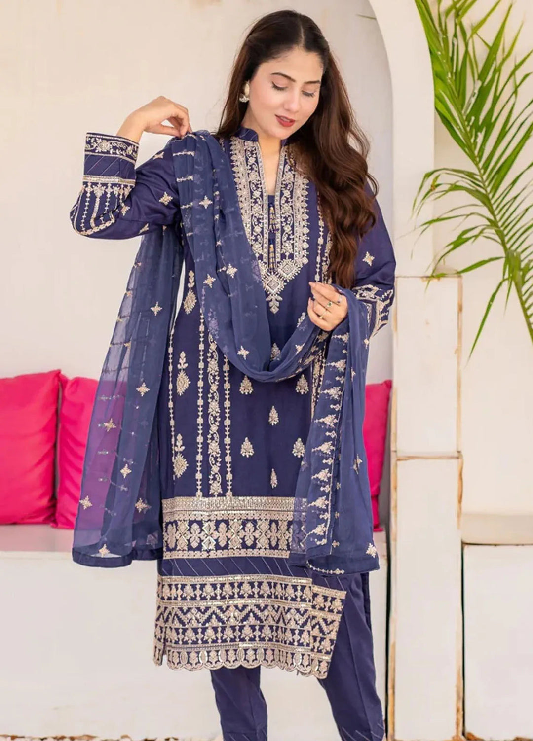 Al Harir Pret Embroidered Cotton 3 Piece Suit Royal Ink Blue