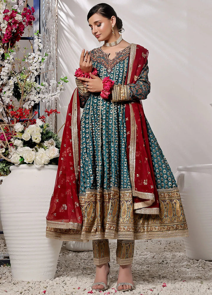 Al Harir Pret Embroidered Raw Silk 3 Piece Suit Gulmeena Bottle Green