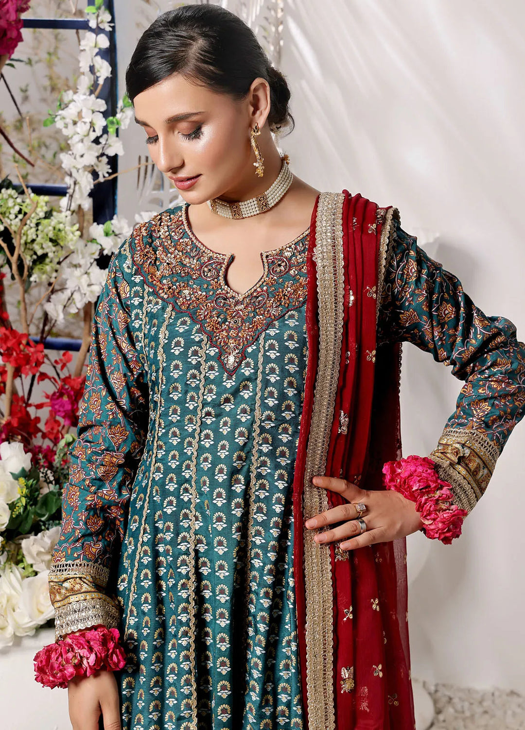 Al Harir Pret Embroidered Raw Silk 3 Piece Suit Gulmeena Bottle Green