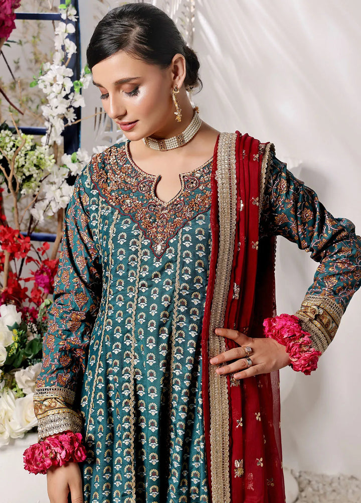 Al Harir Pret Embroidered Raw Silk 3 Piece Suit Gulmeena Bottle Green