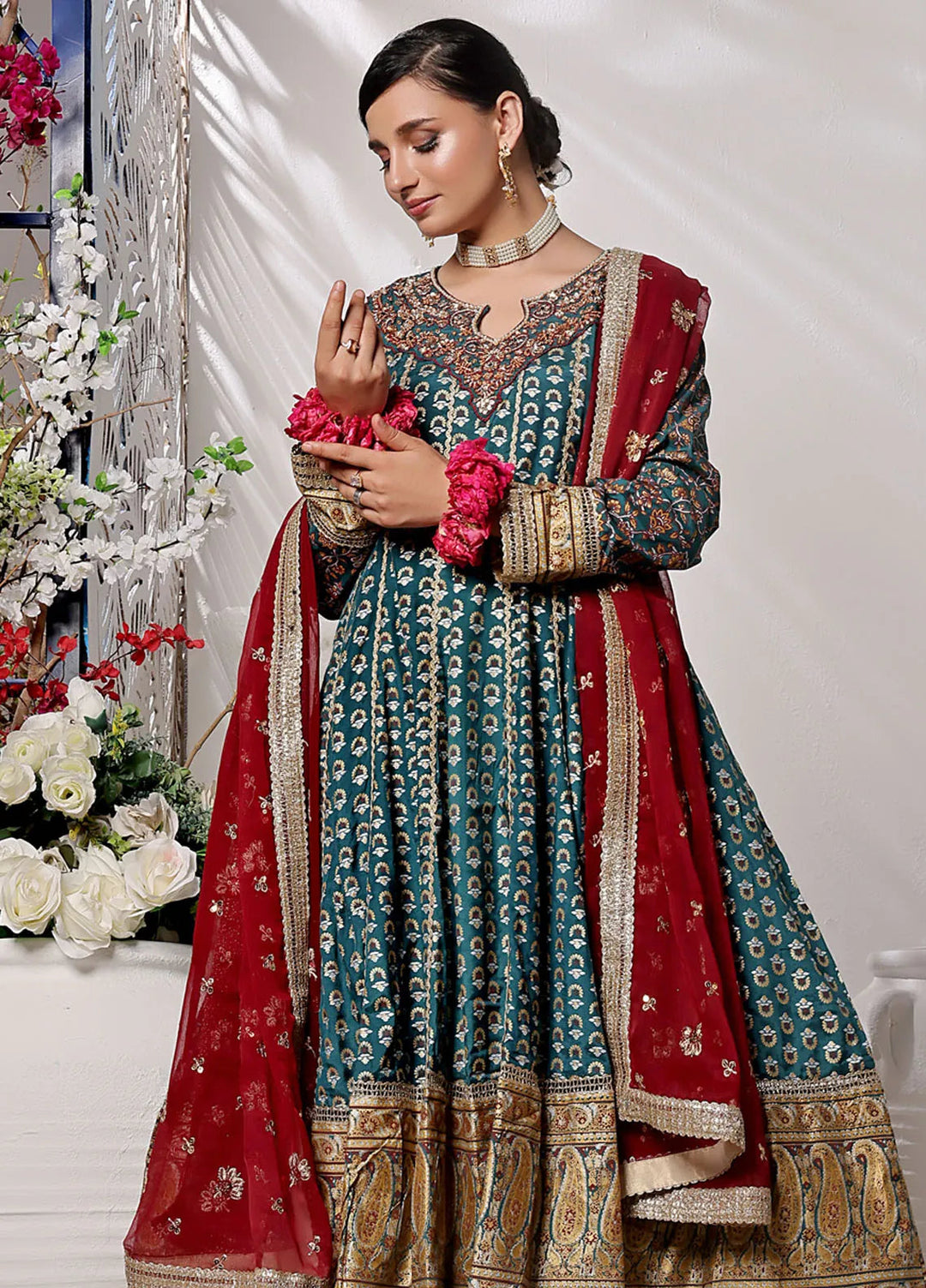 Al Harir Pret Embroidered Raw Silk 3 Piece Suit Gulmeena Bottle Green