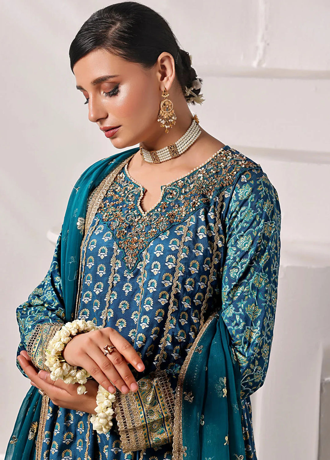 Al Harir Pret Embroidered Raw Silk 3 Piece Suit Gulmeena Teal Blue