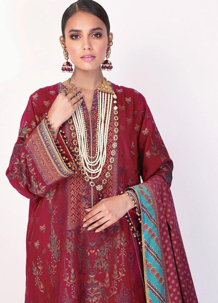 Al Karam Embroidered Jacquard Suits Unstitched 3 Piece AK21F-2 FC-03A-21-2 Ruby Red - Summer Collection