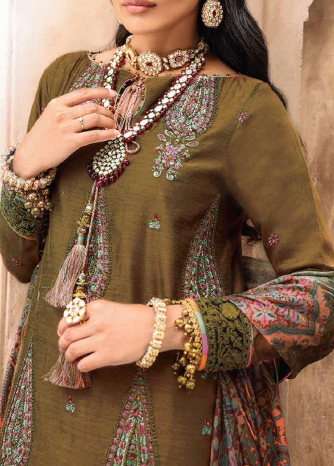 Al Karam Embroidered Cotton Net Suits Unstitched 3 Piece AK21FW FC-W-25I-21-3-Golden Brown - Winter Collection