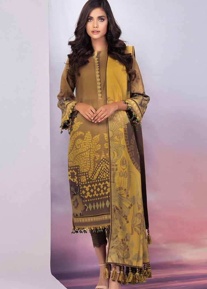 Al Karam Printed Khaddar Suits Unstitched 3 Piece AK21FW FW-01-21-Mustard - Winter Collection