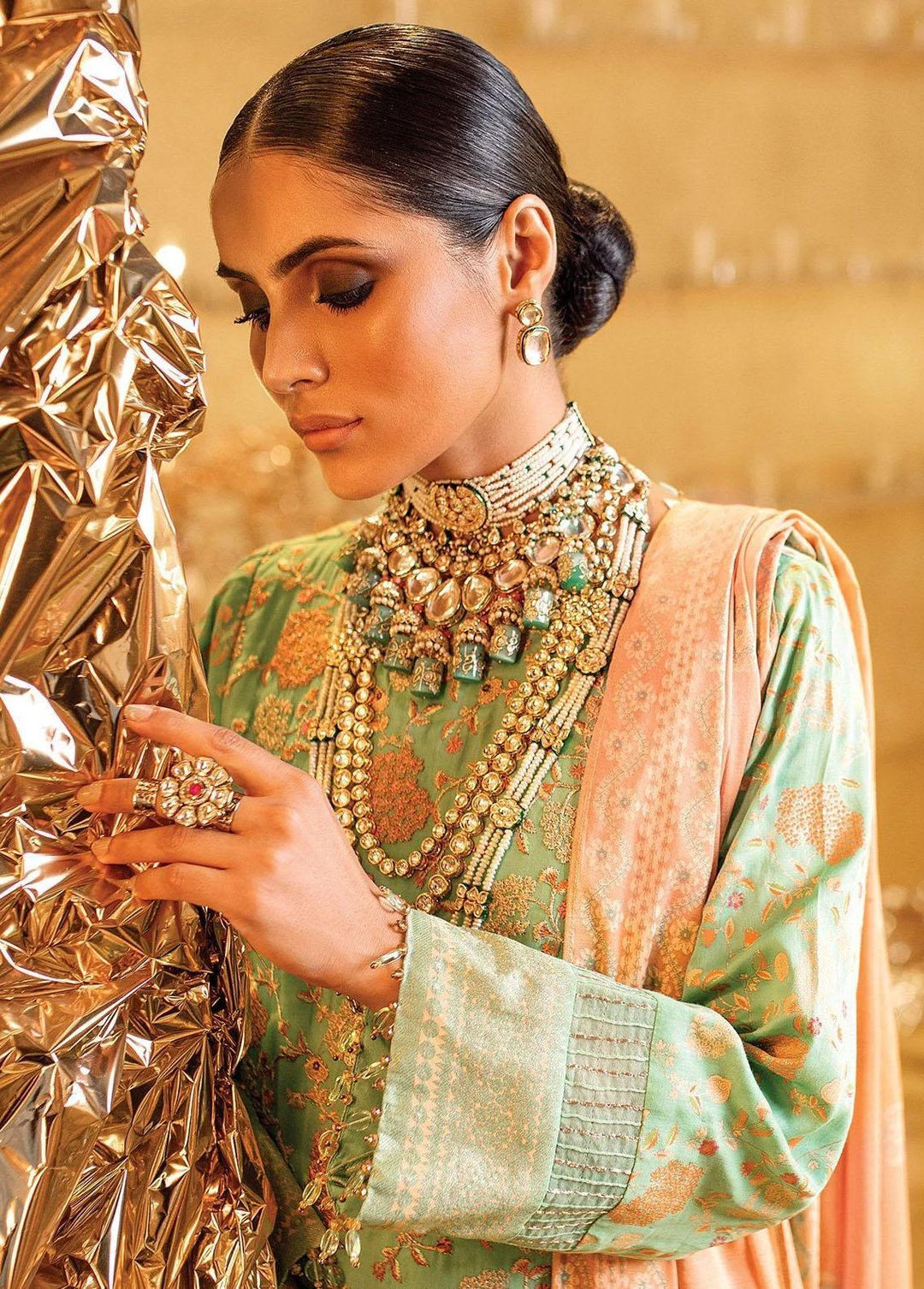 Al Karam Embroidered Cotton Satin Suits Unstitched 3 Piece AK22FW FC-W-16F-22-3-Mint Green - Festive Collection